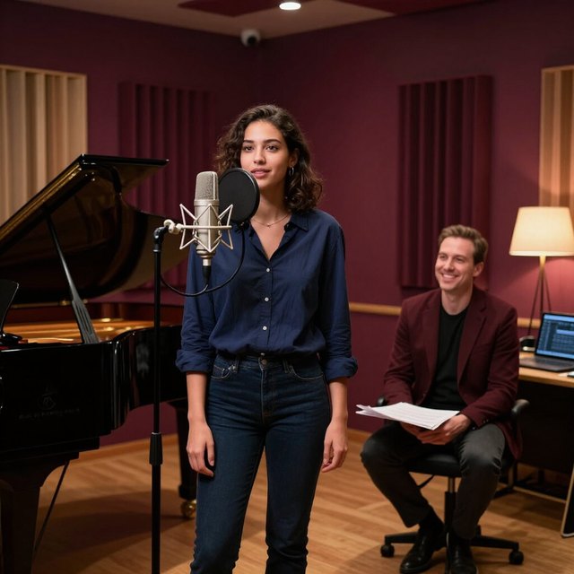 Singer at a microphone in a recording studio, with a piano and seated musician in the background.