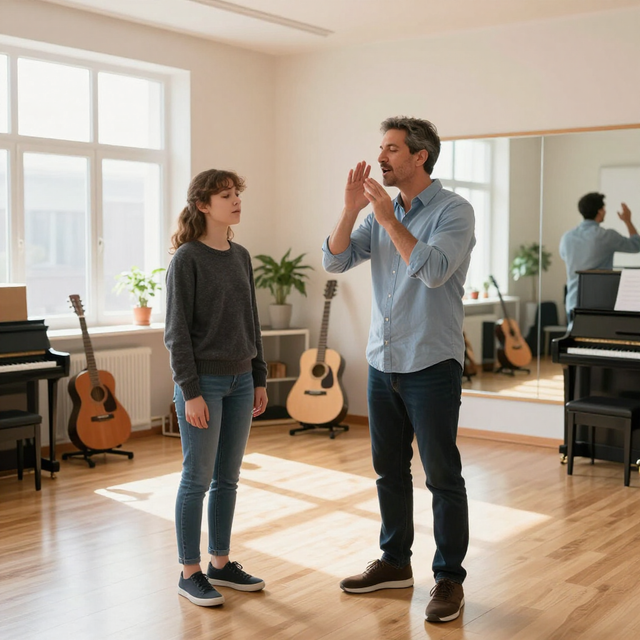 Music teacher demonstrating in a bright studio while a student watches, with guitars and a piano in the background