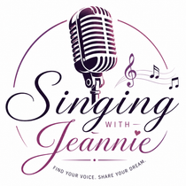 Logo with purple vintage microphone, musical notes, and text “Singing with Jeannie” on white background