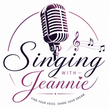 Logo with purple vintage microphone, musical notes, and text “Singing with Jeannie” on white background