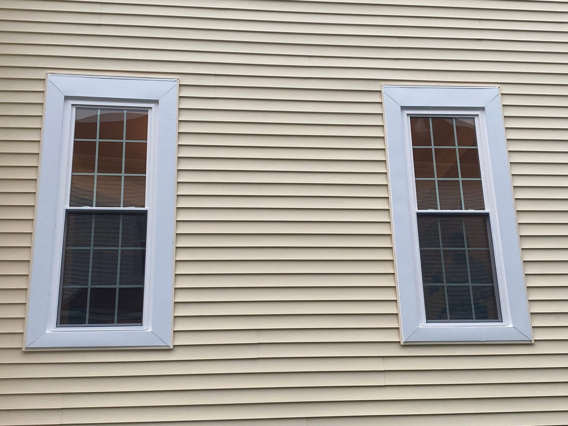 Two white-trimmed windows on a beige vinyl-sided house exterior