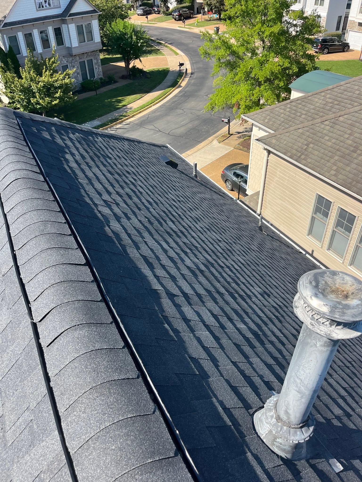 View from a rooftop over a suburban street and houses, with dark shingles and a chimney in the foreground