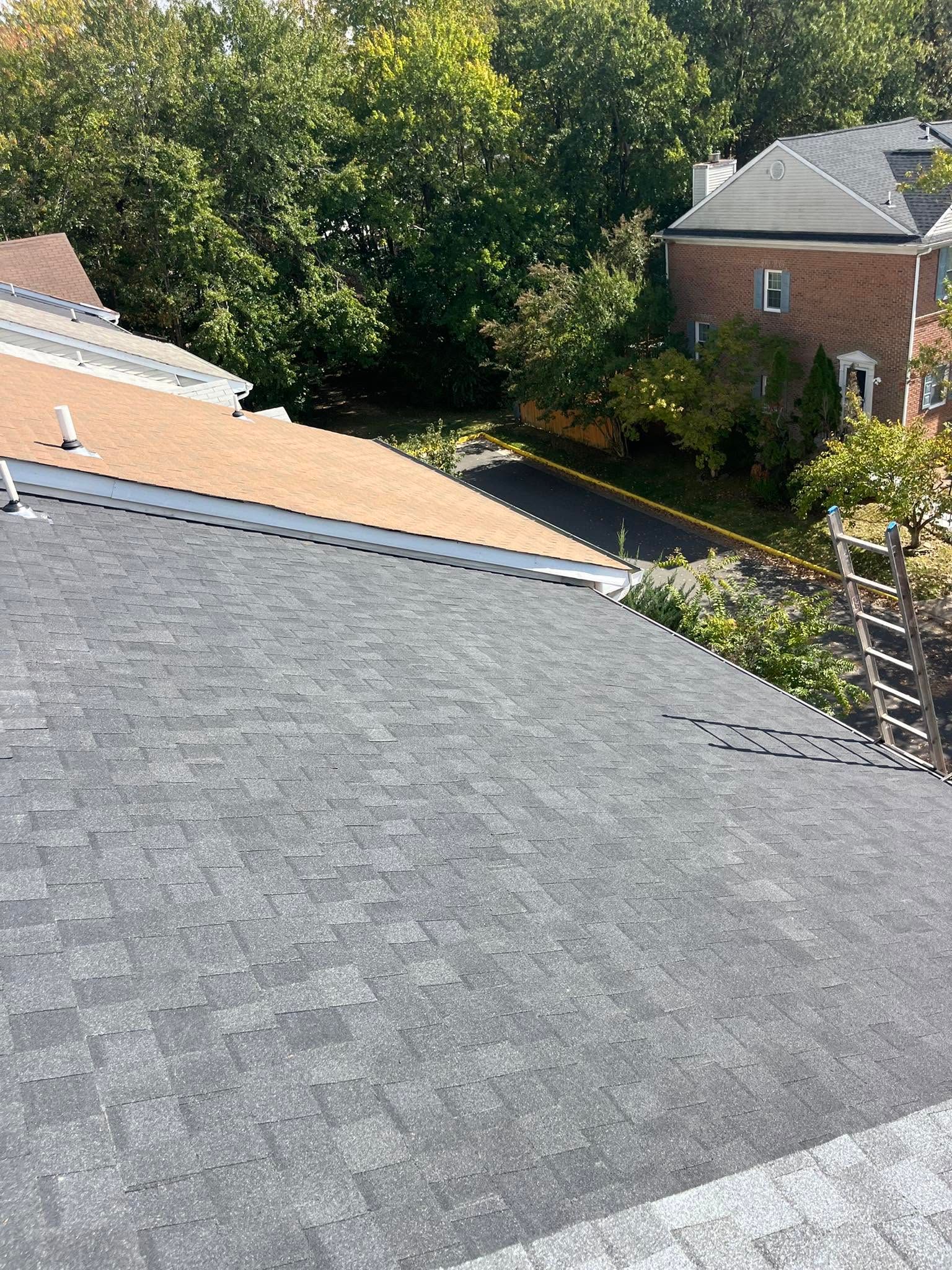 Rooftop view over gray shingles toward trees and a brick house on a sunny day