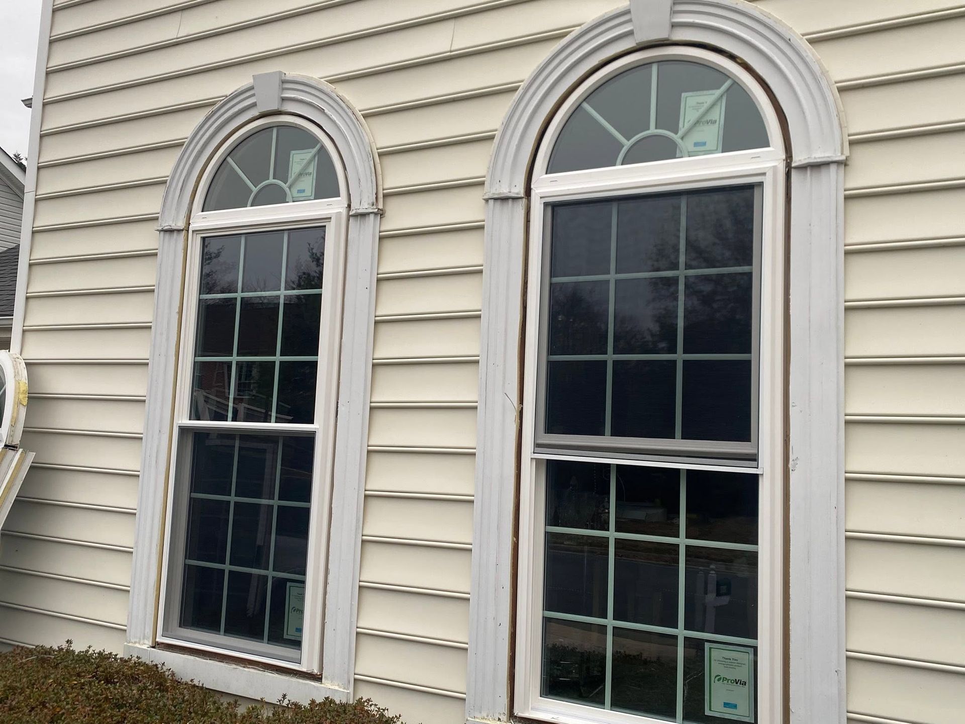 Two arched white-trimmed windows on a beige vinyl-sided house exterior