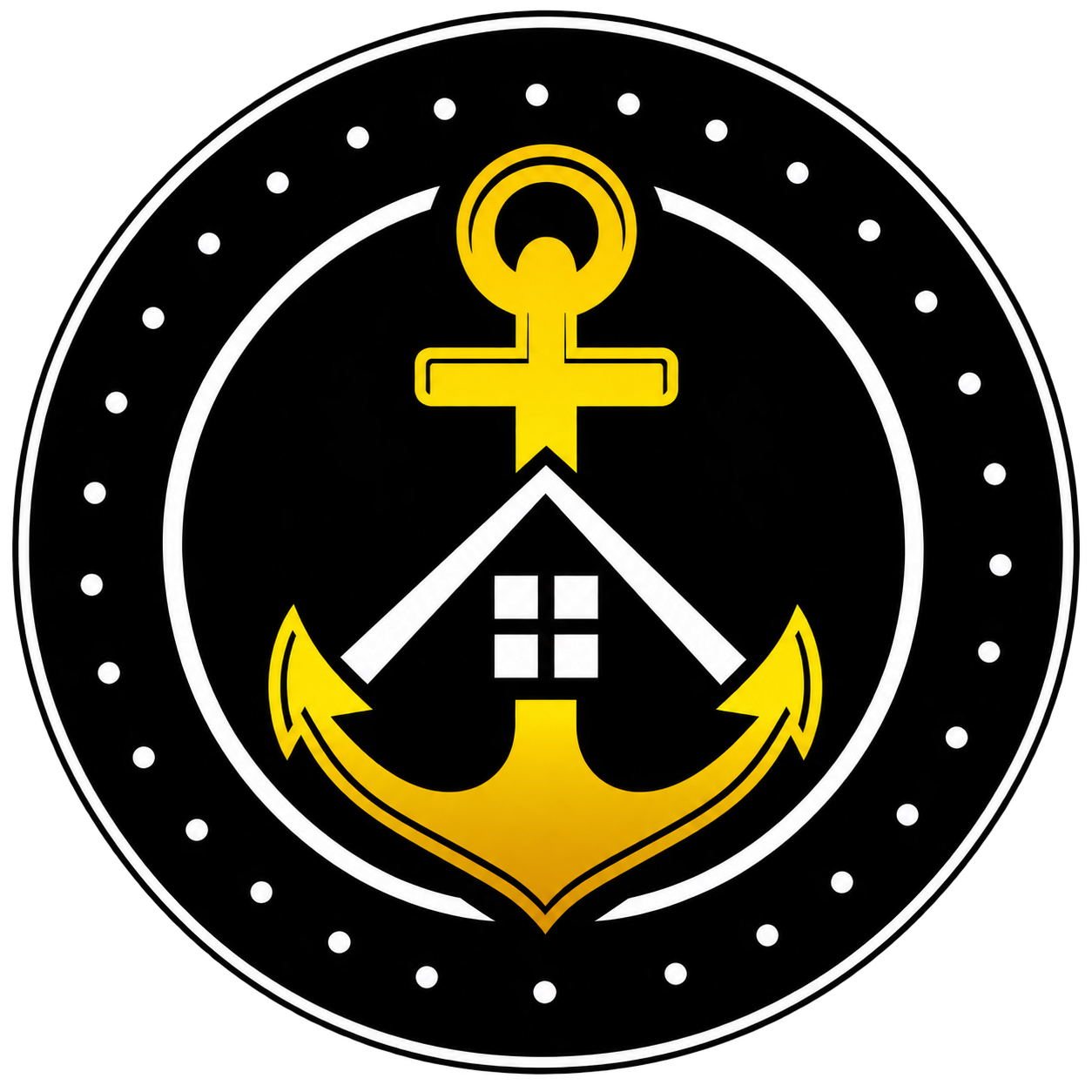 Black and gold Anchor Remodeling logo with anchor, house, and circular text border