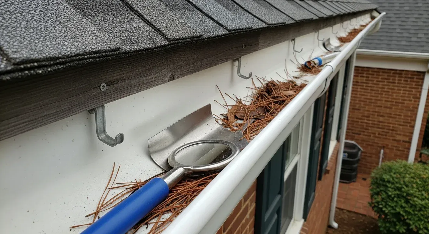 Blue gutter-cleaning tool clearing debris from a white house gutter beside a brick wall