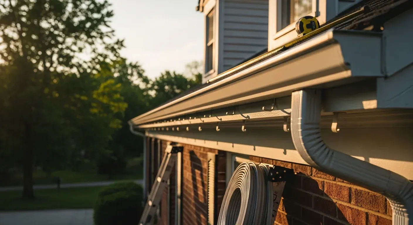 House eaves with white gutters and hanging rain chains at sunset