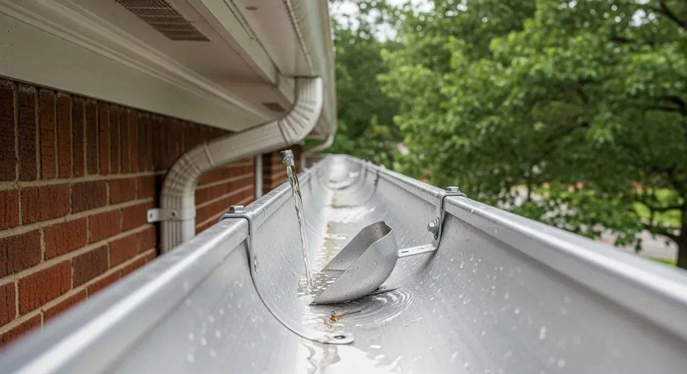 Damaged white gutter beside a brick house, bent and hanging under green trees.