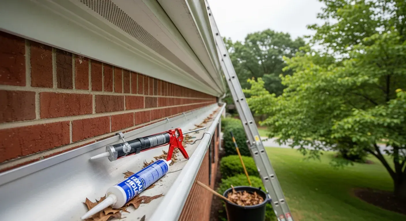 Gutter cleaning setup on a brick house, with ladders, tools, and a bucket beside the roofline.