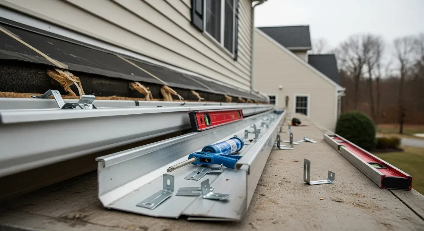 Construction tools and gutter parts laid along a house exterior on a driveway.