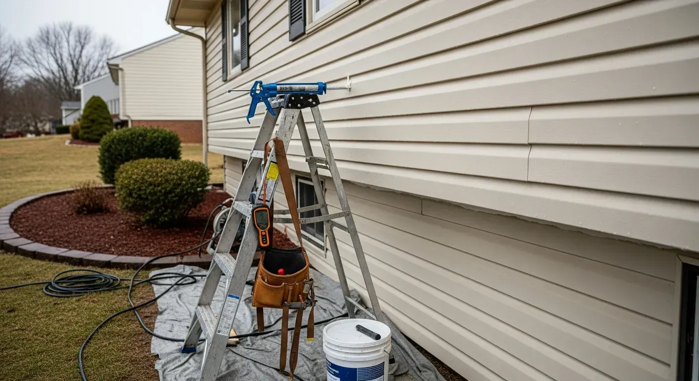 Ladders and painting supplies beside a house with cream siding, preparing to paint the exterior.