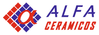 Logotipo de Alfa Ceramicos, azulejos cuadrados rojos y azules con un símbolo alfa rojo y el texto 