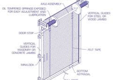 Annotated technical drawing of a sliding screen door with labeled parts and dimensions