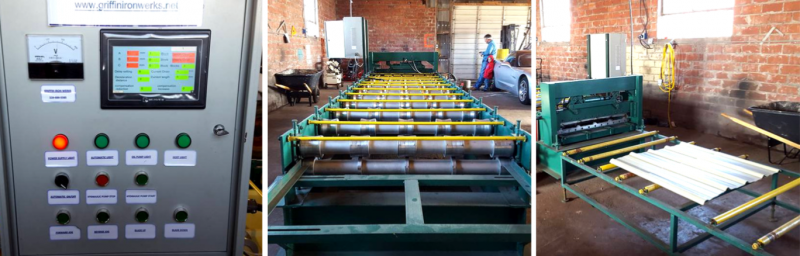 Control panel and conveyor system in an industrial warehouse, with workers sorting materials.