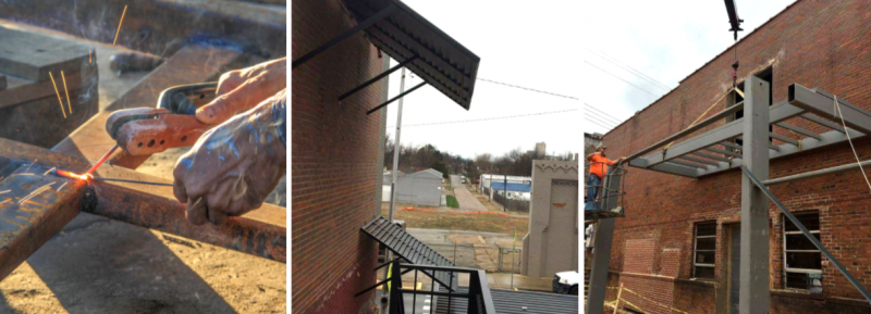 Three-panel view of a damaged brick building and a rooftop scene with smoke and debris near a satellite dish.