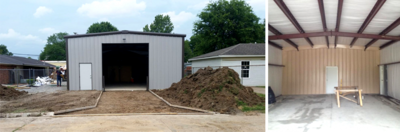 Exterior and interior of a small metal workshop under construction with dirt piles and exposed framing