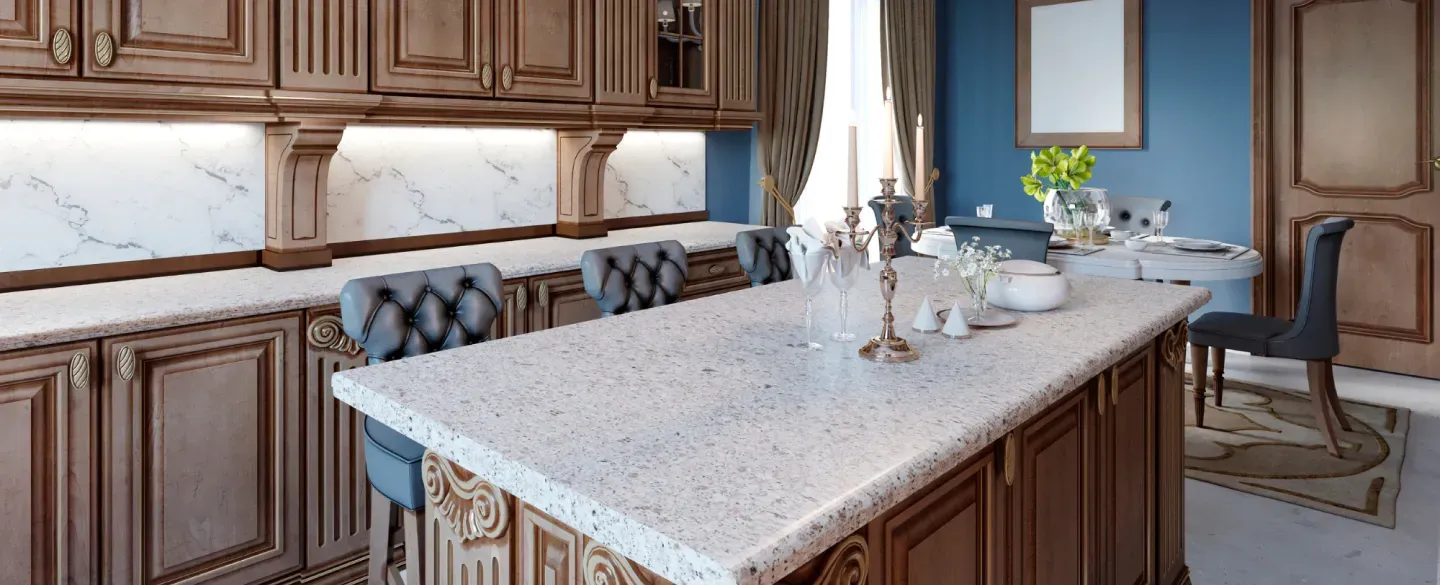A kitchen with a large island in the middle of the room.
