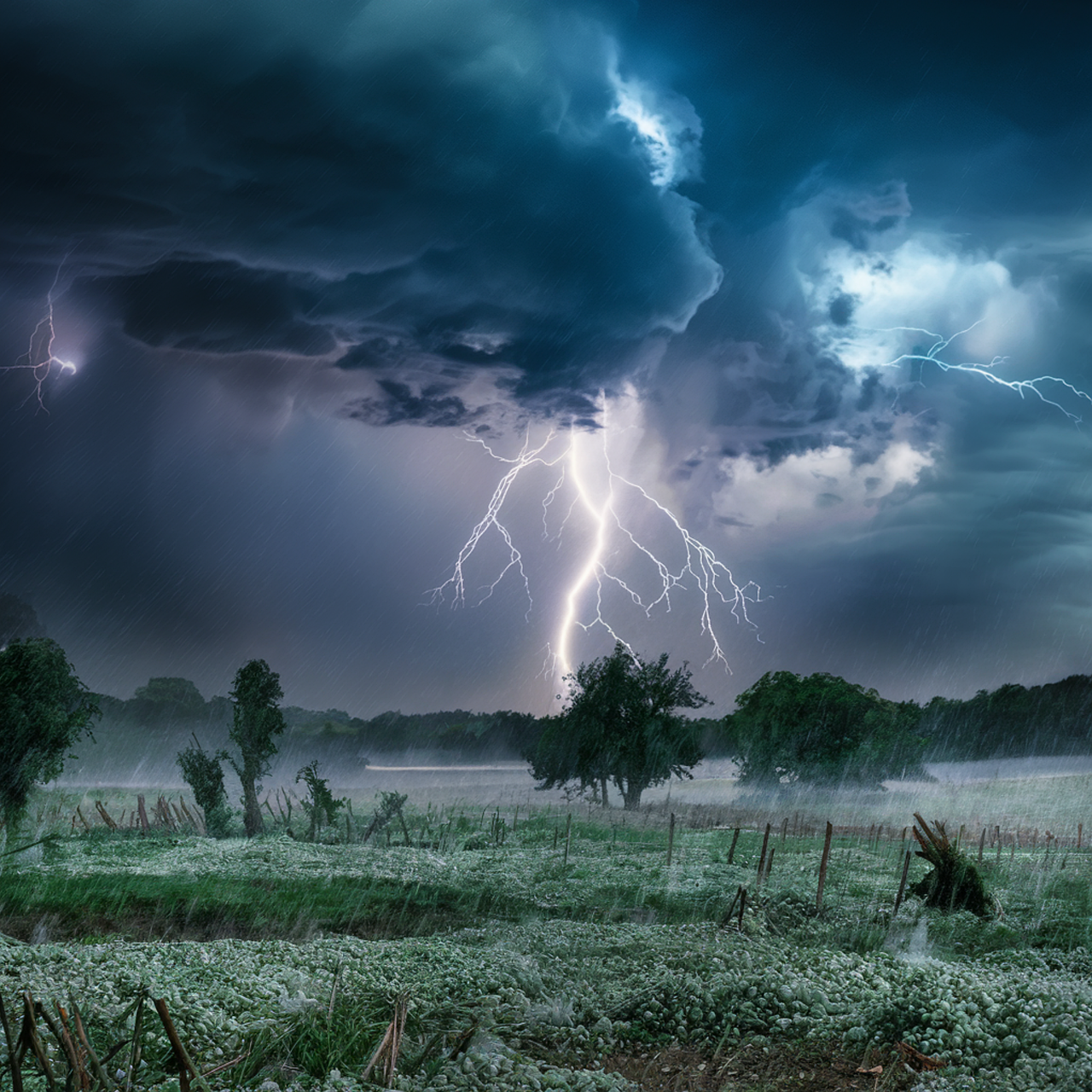 There is a lightning storm in the sky over a field.