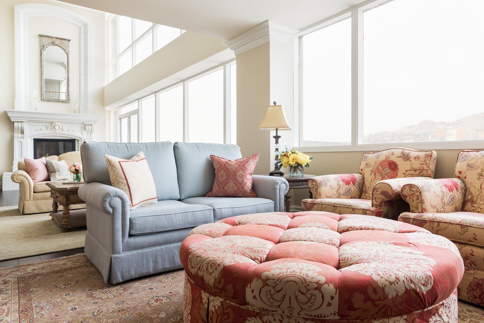 Living room with a couch and an ottoman