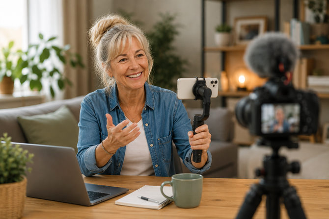 50+ contentmaker neemt thuis een vlog op voor haar online publiek.