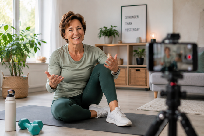 50+ contentmaker neemt thuis een yogavideo op voor haar online publiek.