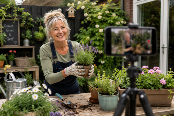 50+ contentmaker deelt haar passie voor tuinieren vanuit haar eigen tuin met haar online publiek.