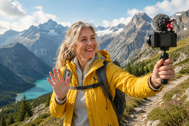 Vrouw in een gele jas die een selfie maakt op een bergpad met een meer en bergtoppen op de achtergrond.