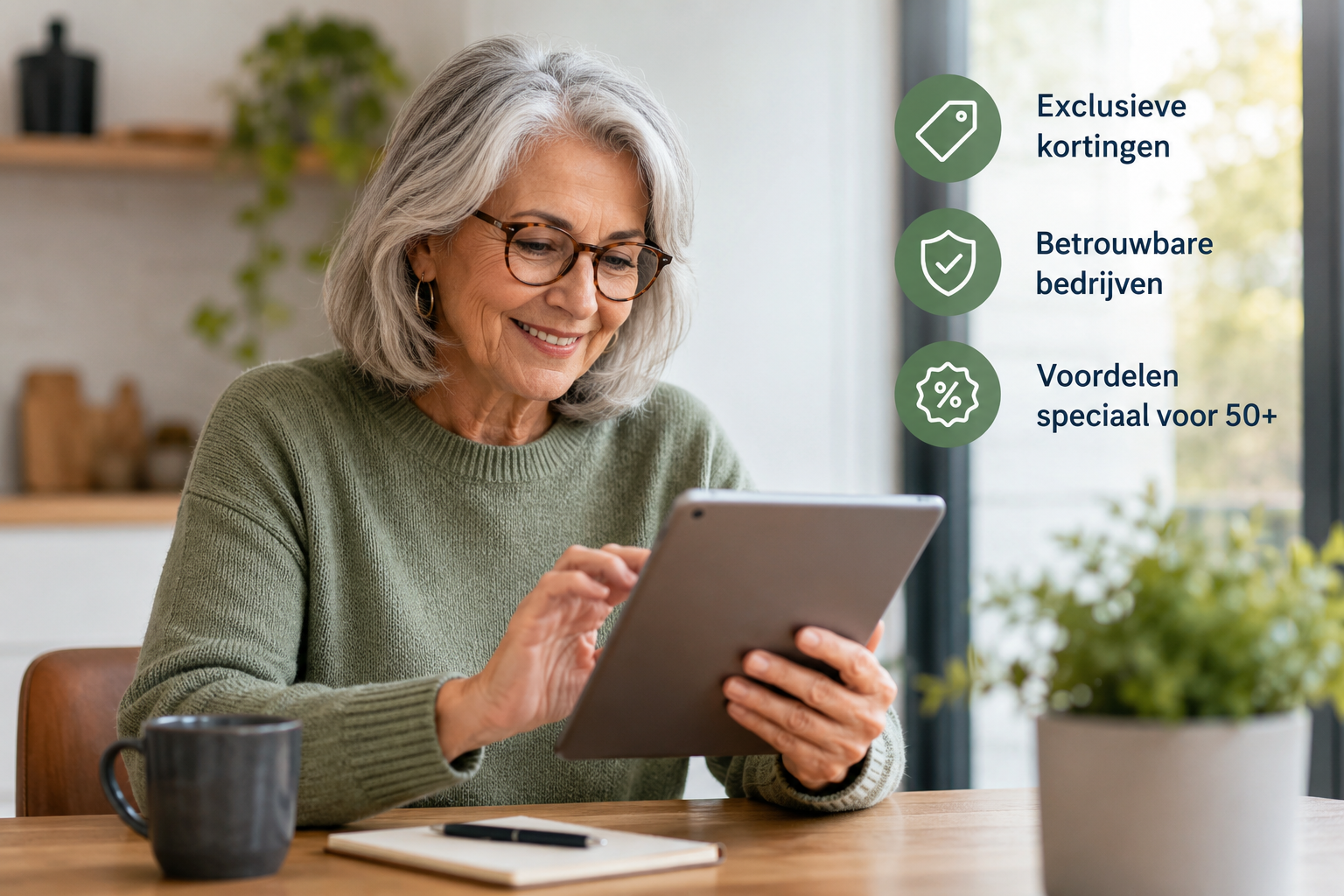 Actieve 50-plus vrouw bekijkt exclusieve aanbiedingen en kortingscodes op haar tablet via Zilvervoordeel.