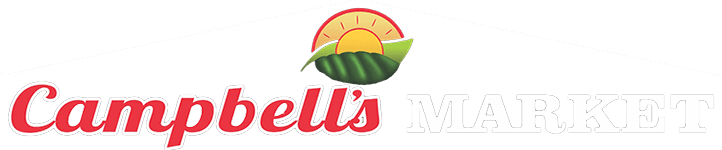 Campbell's Market logo with red script text and a green leaf over an orange sunburst.