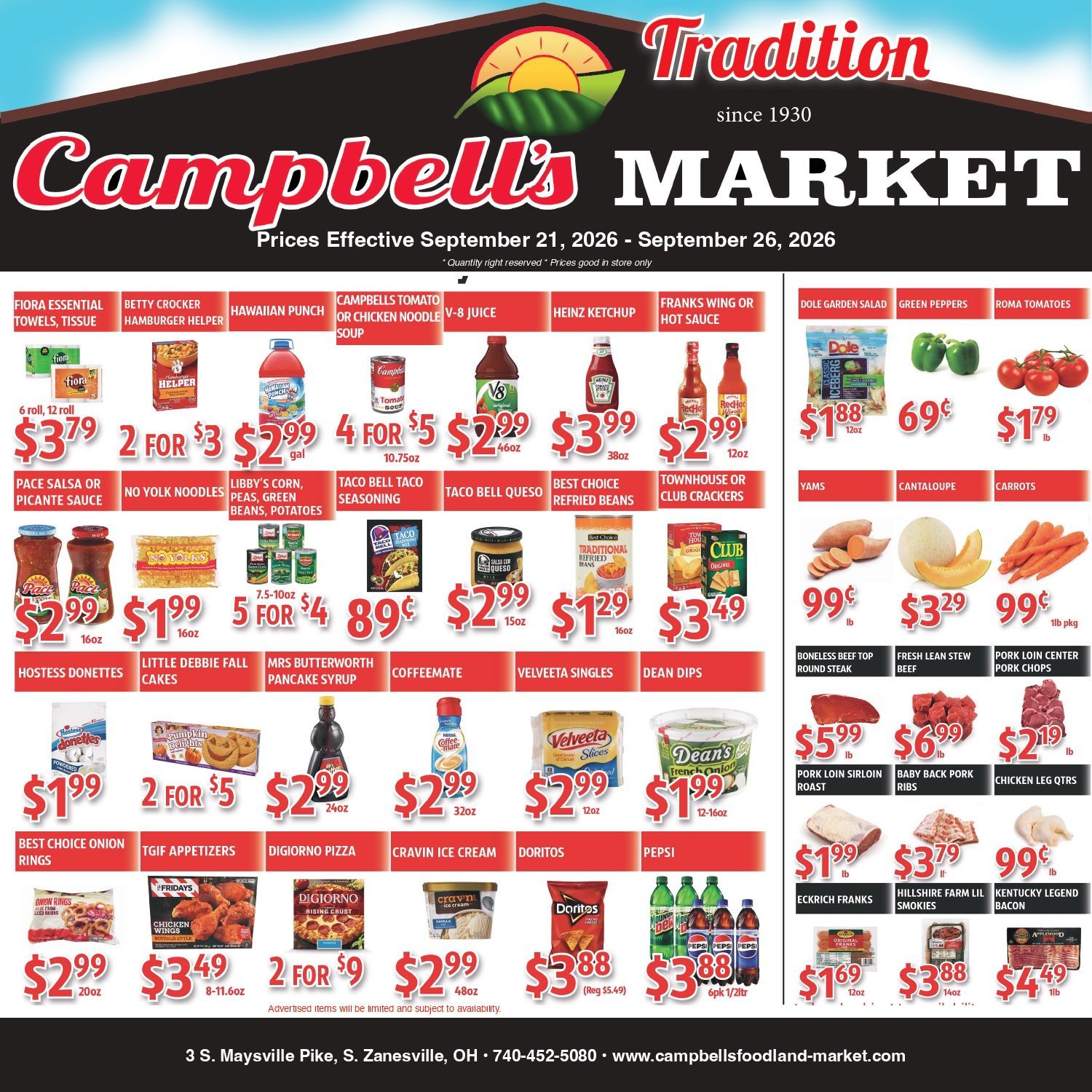 Campbell's Market weekly grocery ad with red sale tags and produce, meat, and dairy specials