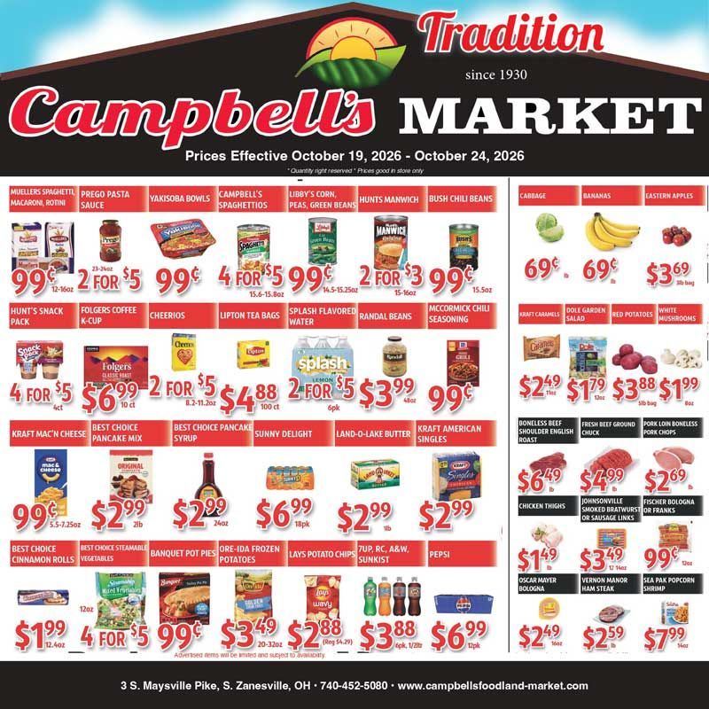 Campbell's Market weekly grocery ad with red sale tags and produce, meat, and dairy specials