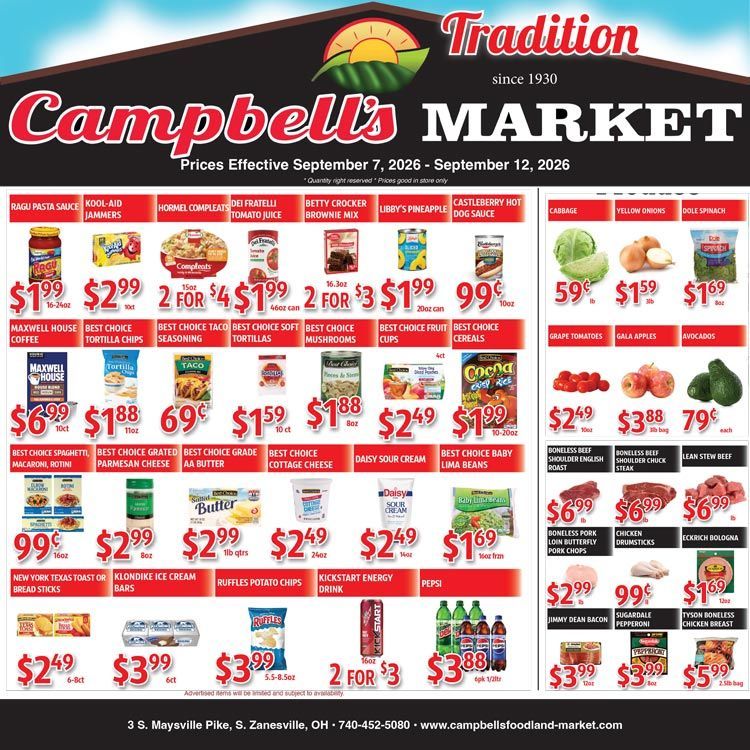 Campbell's Market weekly grocery ad with red sale tags and produce, meat, and dairy specials