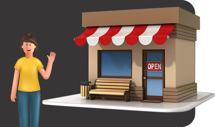 Cartoon storefront with red awning, bench, and OPEN sign beside a waving person
