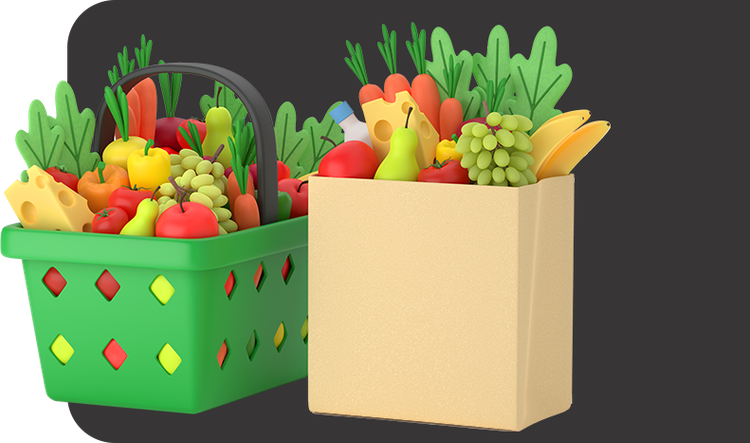 Two grocery bags filled with fresh fruits and vegetables, one green and one beige, on a dark background