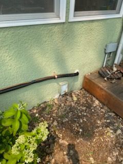 Green house wall with windows, black pipe, and a small garden bed with flowers and gravel below.