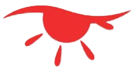 Red abstract eye-like logo with a sweeping line and three teardrop shapes on a white background