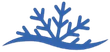 Blue stylized snowflake over a blue wave. Blue coral-like branch logo with curved base and upward-reaching stems
