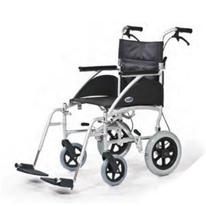 A black and silver wheelchair is sitting on a white surface.