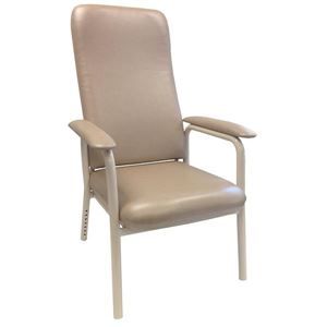 A beige chair with a white frame and arm rests on a white background.
