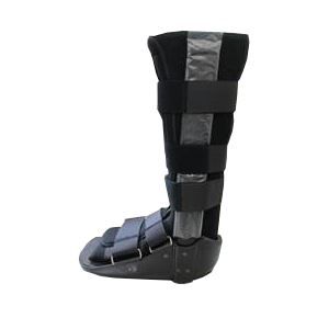A black boot that looks like a knee brace on a white background.