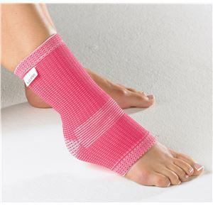 A person wearing a pink ankle brace on their foot