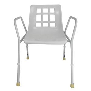 A white shower chair with arms and legs on a white background.