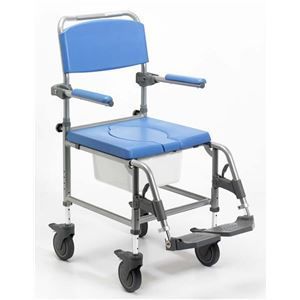 A blue commode chair with wheels on a white background.