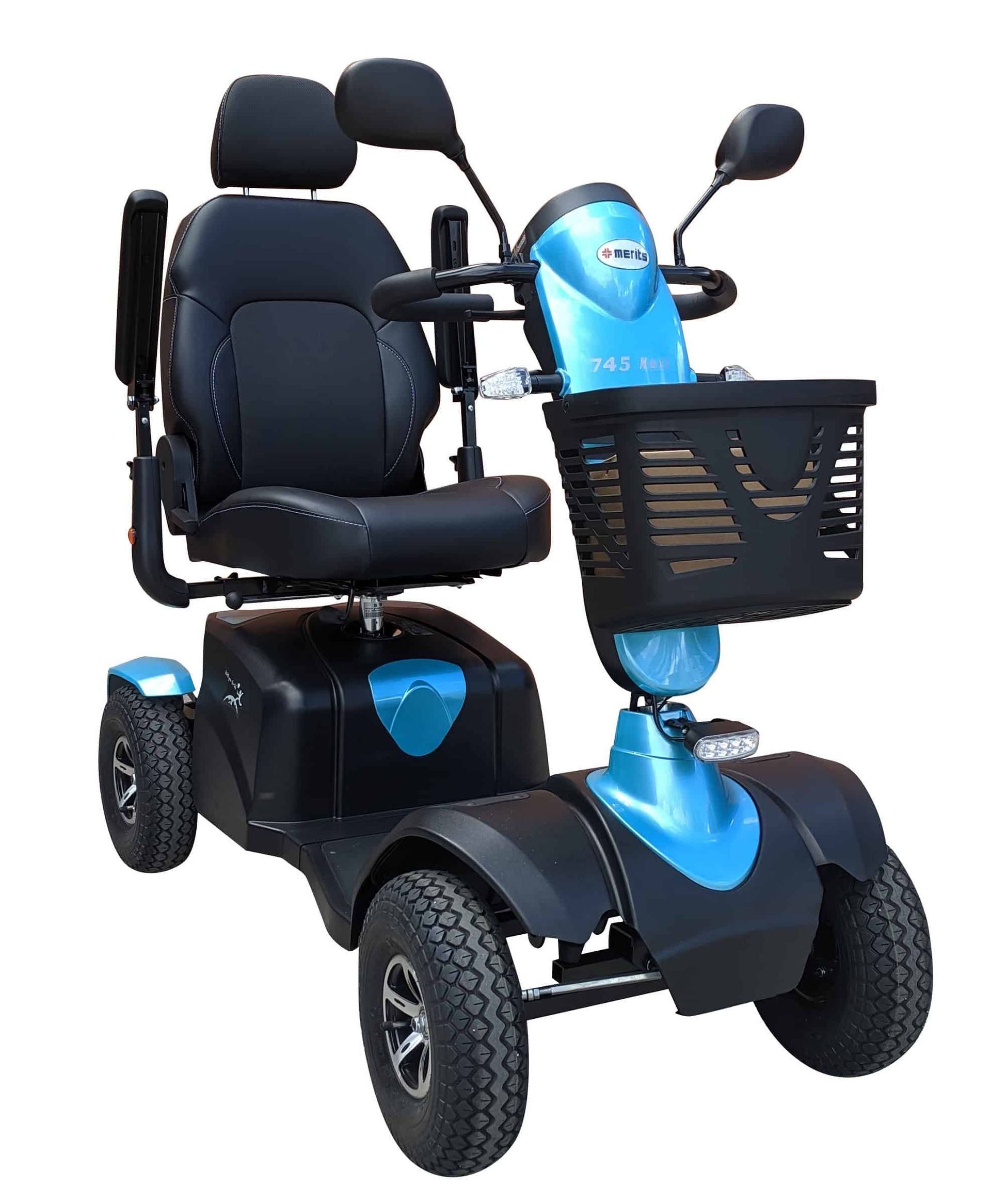 A blue and black mobility scooter with a basket on the front.
