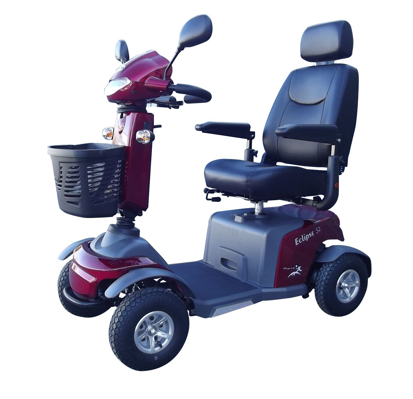 A red mobility scooter with a basket on the front
