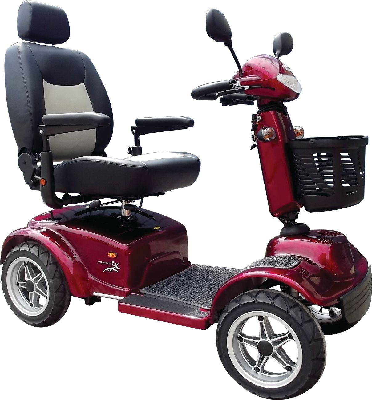 A red mobility scooter with a basket on the front is on a white background.