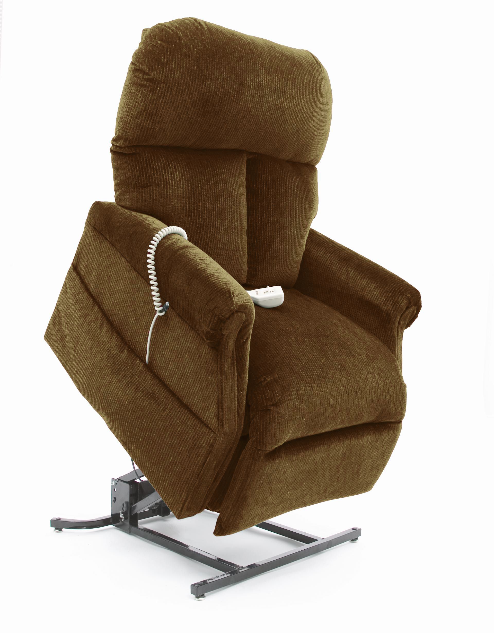 A brown recliner with a remote control attached to it