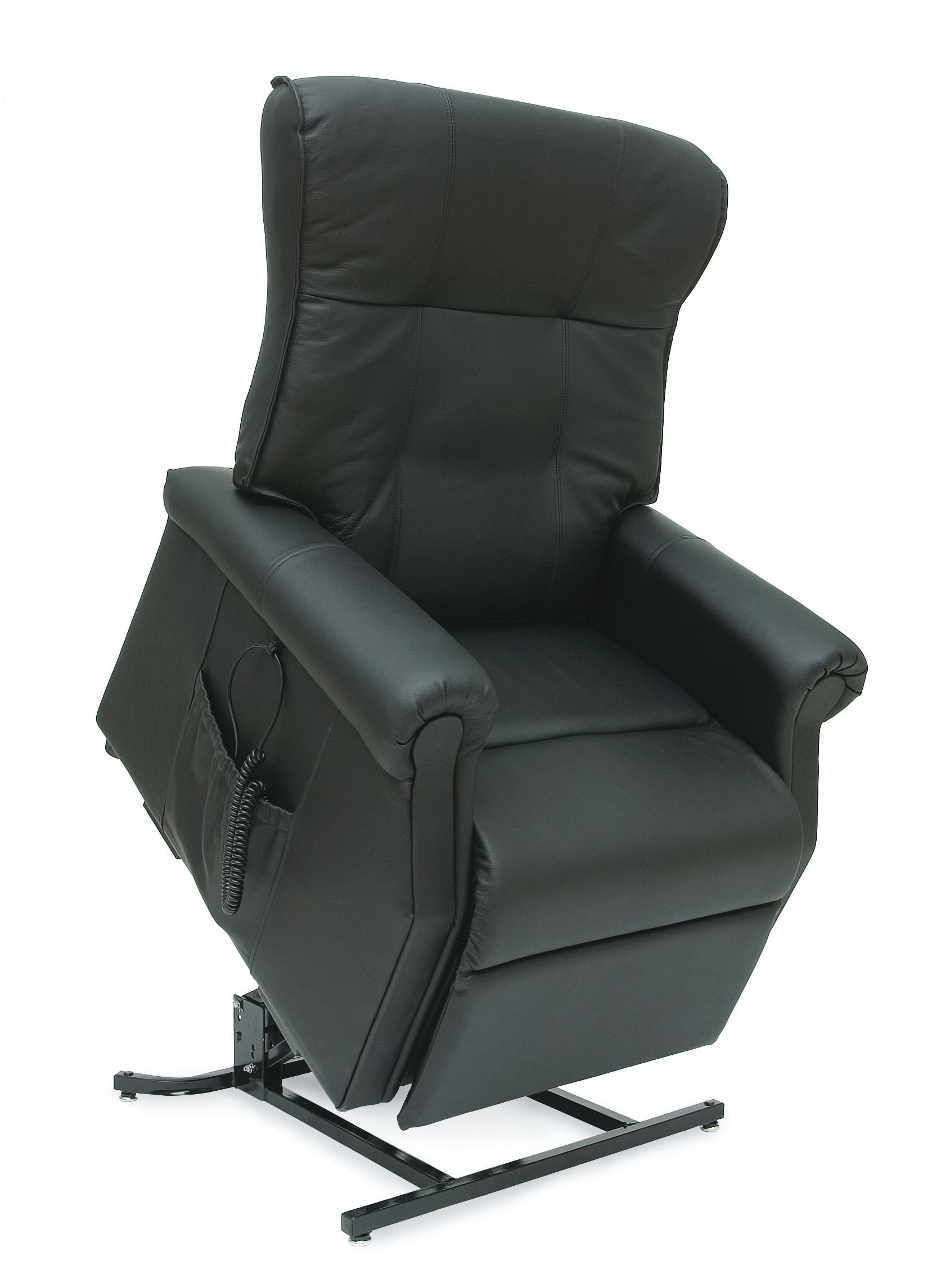 A black leather recliner is sitting on a stand on a white background.
