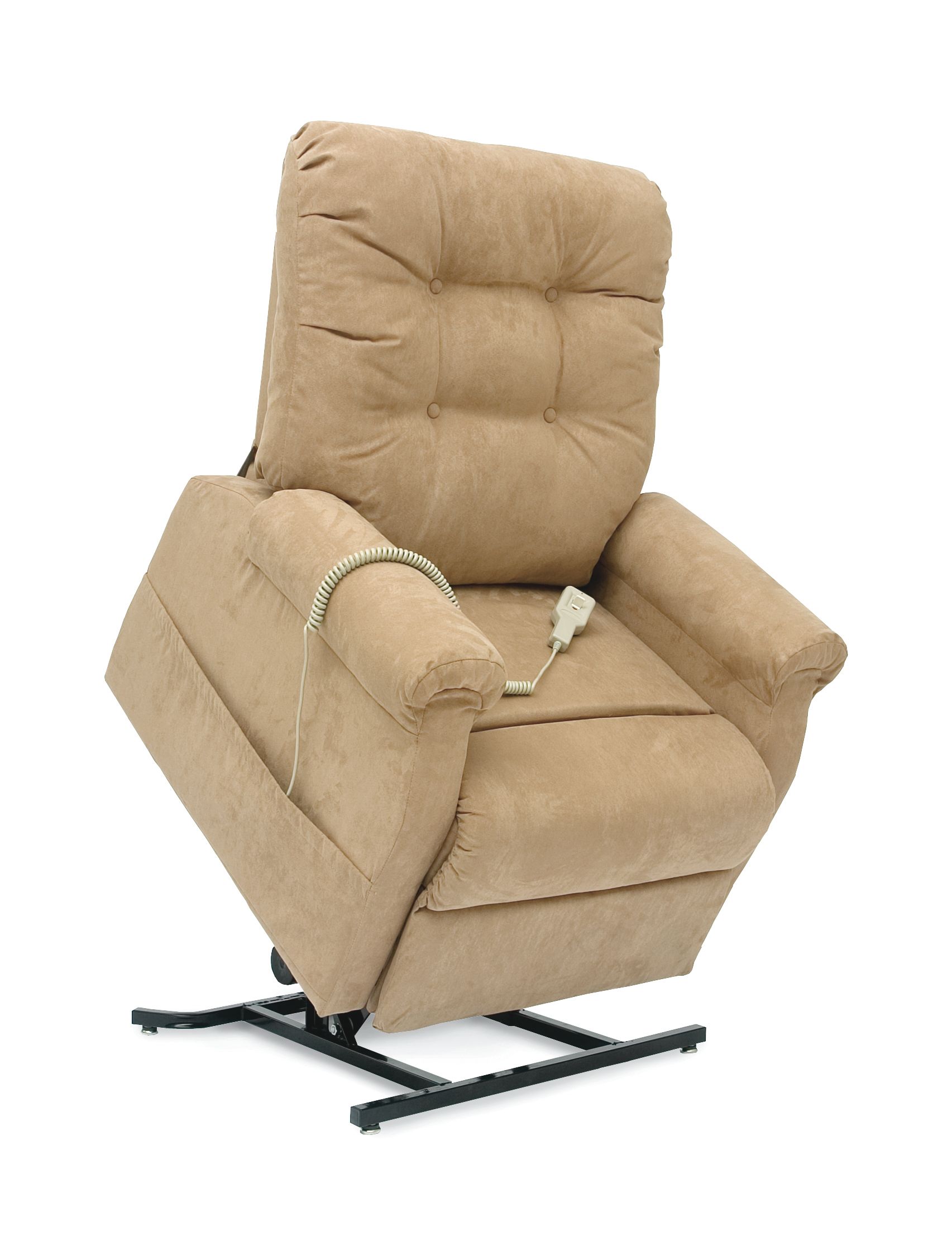 A tan recliner is sitting on a stand on a white background.