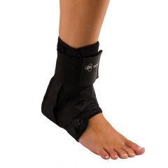 A person is wearing a black ankle brace on their foot.